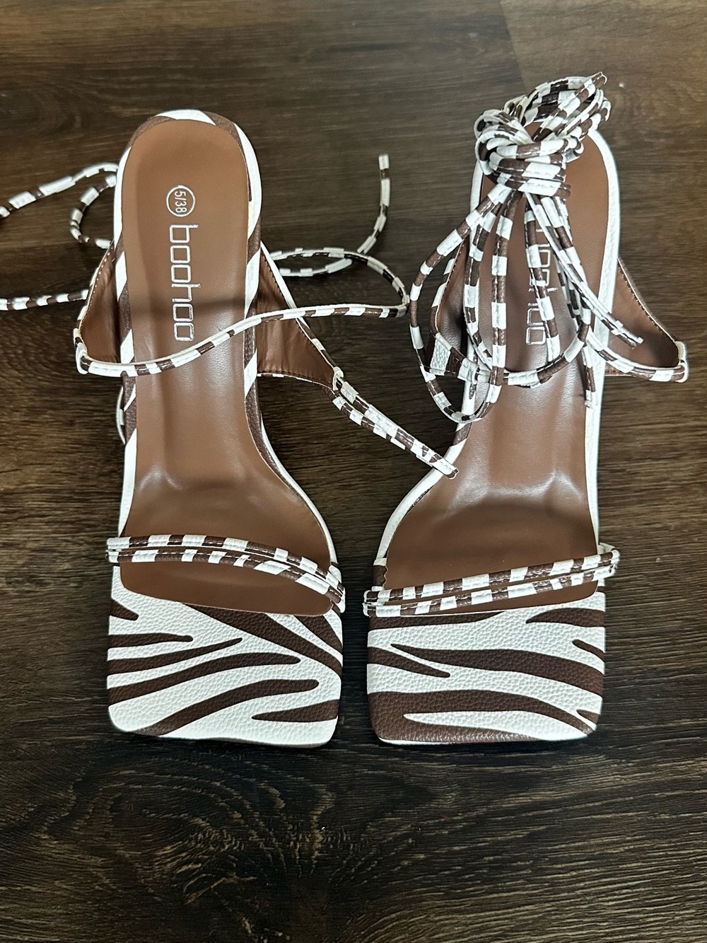 Boohoo Brown and White Zebra Print Strappy Heels